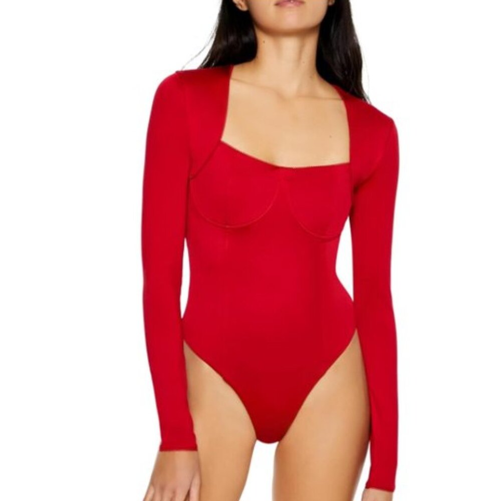 Forever 21 Red Contour Sculpt Long Sleeve Bustier Bodysuit Small